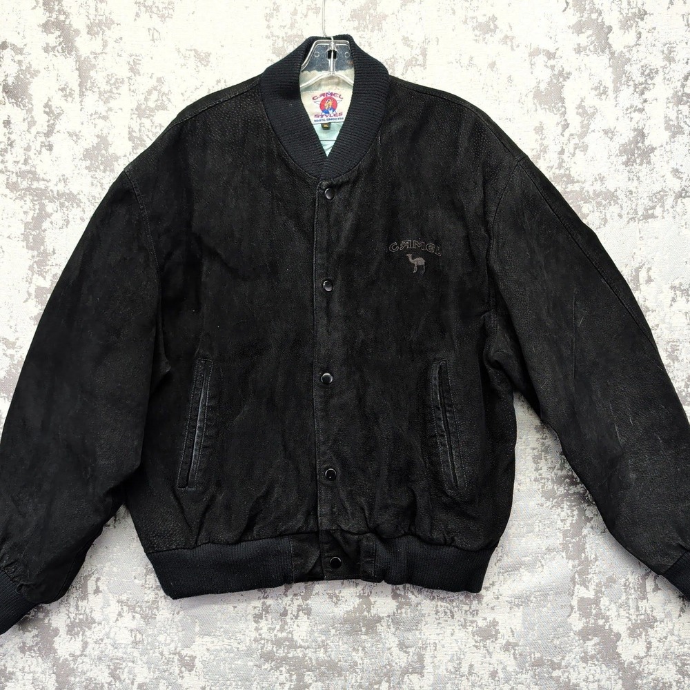 Vintage Camel Styles Black Suede Leather Bomber Jacket Joe Camel Logo Mens XL